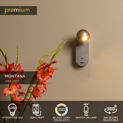 Lucide MONTANA - Wall light - LED - CCT - 1x6,3W 2700K/4000K - With USB charging point - Grey iron | Premium